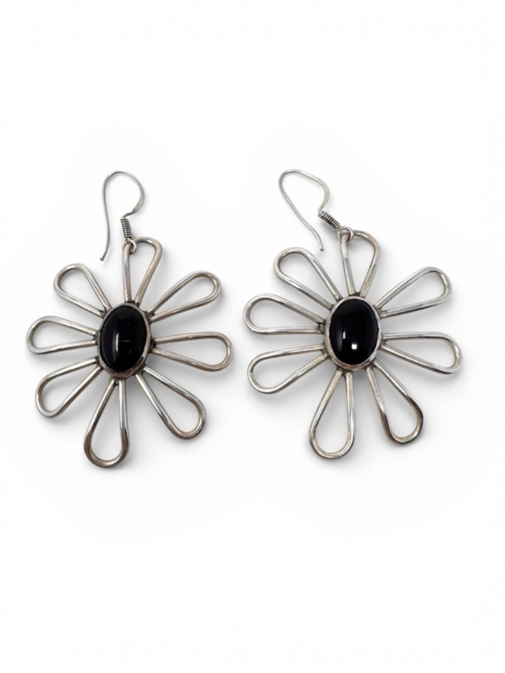 TAXCO sterling silver daisy earrings with black onyx gemstones, vintage